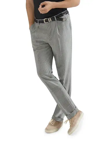 Brunello Cucinelli Men's Virgin Wool Prince of Wales Trousers with Pleats - Grey | Thumbnail 3 Brunello Cucinelli Men's Virgin Wool Prince of Wales Trousers with Pleats - Grey | Thumbnail 3