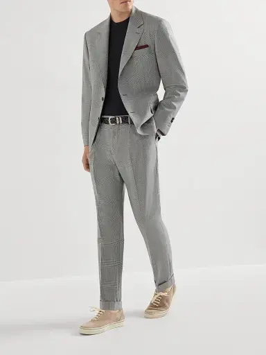 Brunello Cucinelli Men's Virgin Wool Prince of Wales Trousers with Pleats - Grey | Thumbnail 6 Brunello Cucinelli Men's Virgin Wool Prince of Wales Trousers with Pleats - Grey | Thumbnail 6
