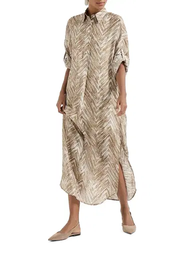 Brunello Cucinelli Women's Silk Chevron Print Pongee Dress | Thumbnail 2 Brunello Cucinelli Women's Silk Chevron Print Pongee Dress | Thumbnail 2