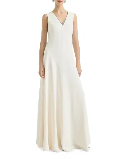 Brunello Cucinelli Women's Silk and Acetate Crepe Cady Fluid Dress with Precious Neckline | Thumbnail 2 Brunello Cucinelli Women's Silk and Acetate Crepe Cady Fluid Dress with Precious Neckline | Thumbnail 2