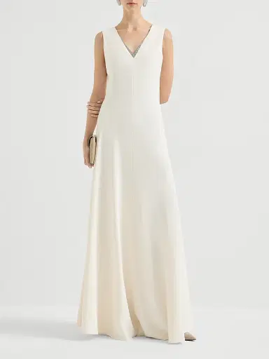 Brunello Cucinelli Women's Silk and Acetate Crepe Cady Fluid Dress with Precious Neckline | Thumbnail 6 Brunello Cucinelli Women's Silk and Acetate Crepe Cady Fluid Dress with Precious Neckline | Thumbnail 6
