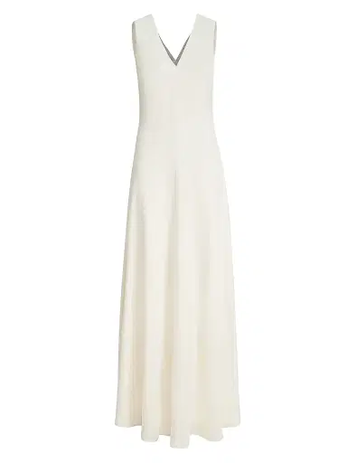 Brunello Cucinelli Women's Silk and Acetate Crepe Cady Fluid Dress with Precious Neckline | Thumbnail 1 Brunello Cucinelli Women's Silk and Acetate Crepe Cady Fluid Dress with Precious Neckline | Thumbnail 1