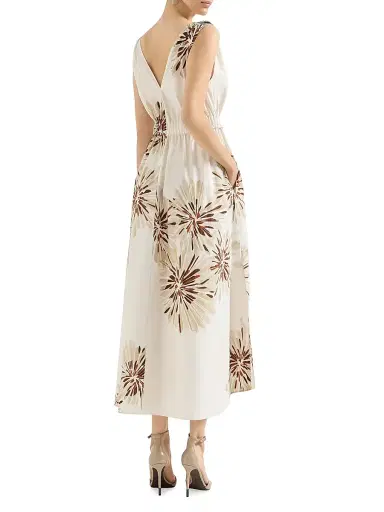 Brunello Cucinelli Women's Cotton Bloom Print Poplin Dress with Monili | Thumbnail 3 Brunello Cucinelli Women's Cotton Bloom Print Poplin Dress with Monili | Thumbnail 3