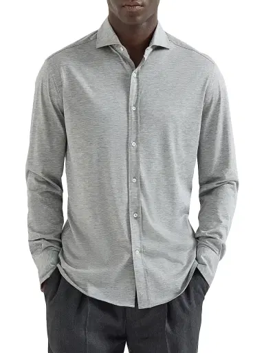 Brunello Cucinelli Men's Silk and Cotton Jersey Shirt with Spread Collar | Thumbnail 2 Brunello Cucinelli Men's Silk and Cotton Jersey Shirt with Spread Collar | Thumbnail 2