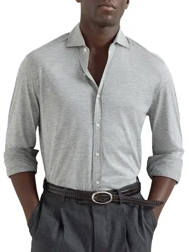 Brunello Cucinelli Men's Silk and Cotton Jersey Shirt with Spread Collar | Thumbnail 5 Brunello Cucinelli Men's Silk and Cotton Jersey Shirt with Spread Collar | Thumbnail 5