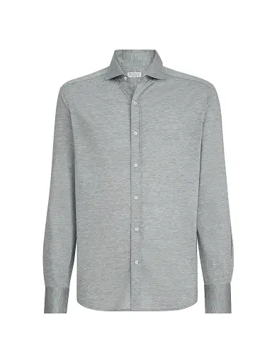 Brunello Cucinelli Men's Silk and Cotton Jersey Shirt with Spread Collar | Thumbnail 1 Brunello Cucinelli Men's Silk and Cotton Jersey Shirt with Spread Collar | Thumbnail 1