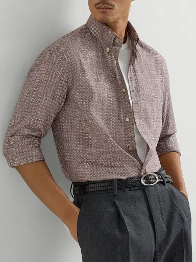 Brunello Cucinelli Men's Flower Print Twill Basic Fit Shirt with Button Down Collar | Thumbnail 5 Brunello Cucinelli Men's Flower Print Twill Basic Fit Shirt with Button Down Collar | Thumbnail 5