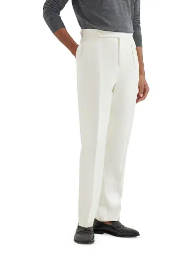 Brunello Cucinelli Men's Silk Diagonal Tuxedo Trousers with Double Pleats - Off White | Thumbnail 2 Brunello Cucinelli Men's Silk Diagonal Tuxedo Trousers with Double Pleats - Off White | Thumbnail 2