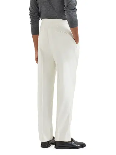 Brunello Cucinelli Men's Silk Diagonal Tuxedo Trousers with Double Pleats - Off White | Thumbnail 3 Brunello Cucinelli Men's Silk Diagonal Tuxedo Trousers with Double Pleats - Off White | Thumbnail 3