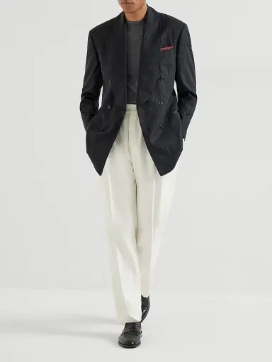Brunello Cucinelli Men's Silk Diagonal Tuxedo Trousers with Double Pleats - Off White | Thumbnail 6 Brunello Cucinelli Men's Silk Diagonal Tuxedo Trousers with Double Pleats - Off White | Thumbnail 6
