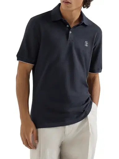 Brunello Cucinelli Men's Cotton Piqué Polo Shirt with Logo | Thumbnail 2 Brunello Cucinelli Men's Cotton Piqué Polo Shirt with Logo | Thumbnail 2
