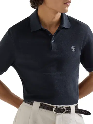 Brunello Cucinelli Men's Cotton Piqué Polo Shirt with Logo | Thumbnail 4 Brunello Cucinelli Men's Cotton Piqué Polo Shirt with Logo | Thumbnail 4