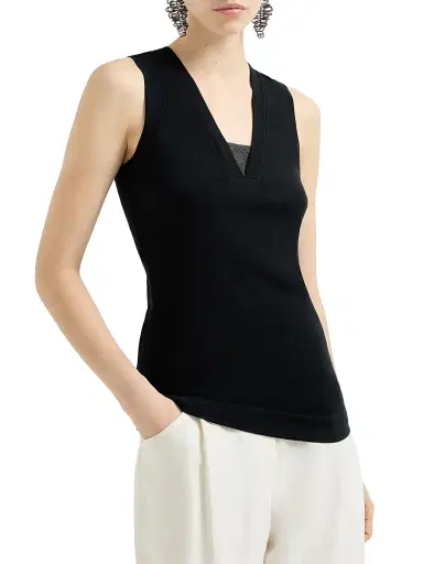 Brunello Cucinelli Women's Stretch Cotton Jersey T-Shirt with Precious Faux Layering - Black | Thumbnail 2 Brunello Cucinelli Women's Stretch Cotton Jersey T-Shirt with Precious Faux Layering - Black | Thumbnail 2