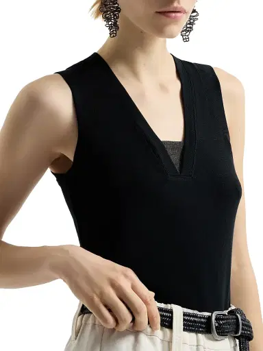 Brunello Cucinelli Women's Stretch Cotton Jersey T-Shirt with Precious Faux Layering - Black | Thumbnail 4 Brunello Cucinelli Women's Stretch Cotton Jersey T-Shirt with Precious Faux Layering - Black | Thumbnail 4