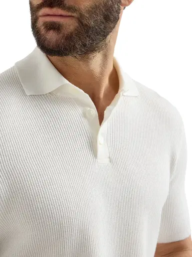 Brunello Cucinelli Men's Cotton English Rib Knit Polo Shirt | Thumbnail 4 Brunello Cucinelli Men's Cotton English Rib Knit Polo Shirt | Thumbnail 4