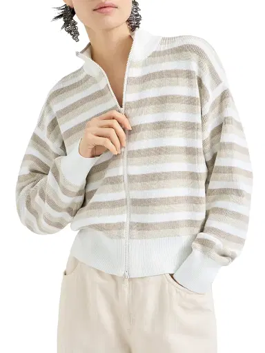 Brunello Cucinelli Women's Rib Knit Cotton Cardigan with Stripes - Beige | Thumbnail 2 Brunello Cucinelli Women's Rib Knit Cotton Cardigan with Stripes - Beige | Thumbnail 2