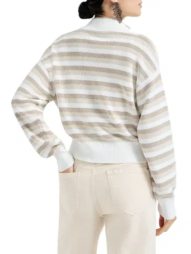 Brunello Cucinelli Women's Rib Knit Cotton Cardigan with Stripes - Beige | Thumbnail 3 Brunello Cucinelli Women's Rib Knit Cotton Cardigan with Stripes - Beige | Thumbnail 3