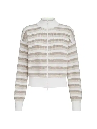 Brunello Cucinelli Women's Rib Knit Cotton Cardigan with Stripes - Beige | Thumbnail 1 Brunello Cucinelli Women's Rib Knit Cotton Cardigan with Stripes - Beige | Thumbnail 1