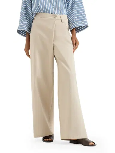 Brunello Cucinelli Women's Cotton Gabardine Loose Wrap Trousers with Monili - Sand | Thumbnail 2 Brunello Cucinelli Women's Cotton Gabardine Loose Wrap Trousers with Monili - Sand | Thumbnail 2