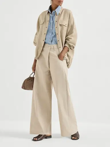 Brunello Cucinelli Women's Cotton Gabardine Loose Wrap Trousers with Monili - Sand | Thumbnail 6 Brunello Cucinelli Women's Cotton Gabardine Loose Wrap Trousers with Monili - Sand | Thumbnail 6