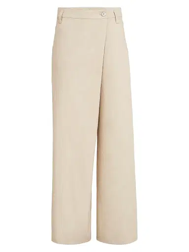 Brunello Cucinelli Women's Cotton Gabardine Loose Wrap Trousers with Monili - Sand | Thumbnail 1 Brunello Cucinelli Women's Cotton Gabardine Loose Wrap Trousers with Monili - Sand | Thumbnail 1