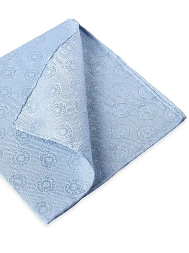 Brunello Cucinelli Men's Silk Pocket Square with Medallion Design - Azure | Thumbnail 3 Brunello Cucinelli Men's Silk Pocket Square with Medallion Design - Azure | Thumbnail 3