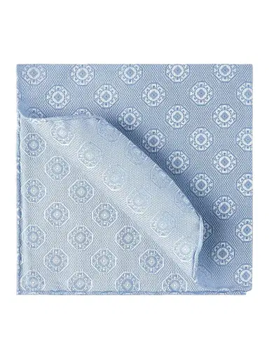 Brunello Cucinelli Men's Silk Pocket Square with Medallion Design - Azure | Thumbnail 1 Brunello Cucinelli Men's Silk Pocket Square with Medallion Design - Azure | Thumbnail 1