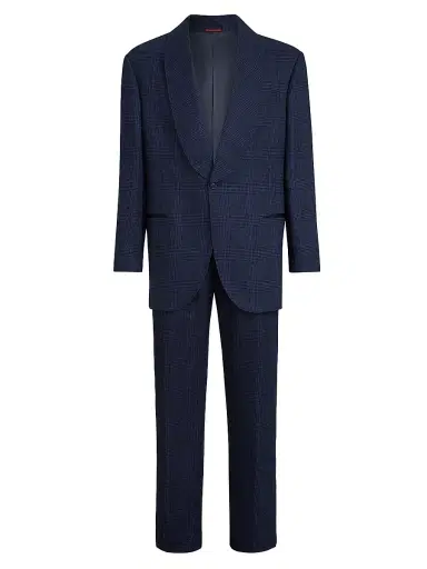 Brunello Cucinelli Men's Prince of Wales Tuxedo with Shawl Lapel Jacket and Trousers with Double Pleats - Navy Blue - Size 38 | Thumbnail 2 Brunello Cucinelli Men's Prince of Wales Tuxedo with Shawl Lapel Jacket and Trousers with Double Pleats - Navy Blue - Size 38 | Thumbnail 2