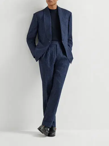 Brunello Cucinelli Men's Prince of Wales Tuxedo with Shawl Lapel Jacket and Trousers with Double Pleats - Navy Blue - Size 38 | Thumbnail 5 Brunello Cucinelli Men's Prince of Wales Tuxedo with Shawl Lapel Jacket and Trousers with Double Pleats - Navy Blue - Size 38 | Thumbnail 5