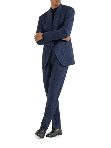 Brunello Cucinelli Men's Prince of Wales Tuxedo with Shawl Lapel Jacket and Trousers with Double Pleats - Navy Blue - Size 38 | Thumbnail 1 Brunello Cucinelli Men's Prince of Wales Tuxedo with Shawl Lapel Jacket and Trousers with Double Pleats - Navy Blue - Size 38 | Thumbnail 1