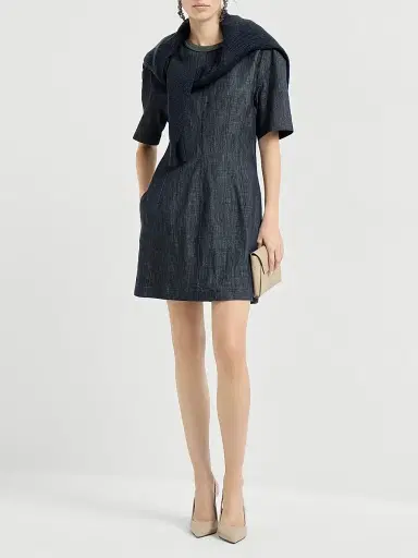 Brunello Cucinelli Women's Cotton Denim Effect Twill T-Shirt Dress with Precious Collar - Denim | Thumbnail 6 Brunello Cucinelli Women's Cotton Denim Effect Twill T-Shirt Dress with Precious Collar - Denim | Thumbnail 6