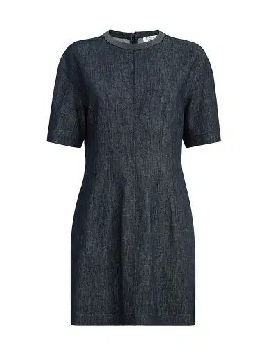 Brunello Cucinelli Women's Cotton Denim Effect Twill T-Shirt Dress with Precious Collar - Denim | Thumbnail 1 Brunello Cucinelli Women's Cotton Denim Effect Twill T-Shirt Dress with Precious Collar - Denim | Thumbnail 1