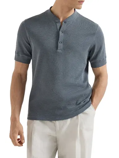 Brunello Cucinelli Men's Cotton Waffle Jersey T-Shirt with Henley Collar | Thumbnail 2 Brunello Cucinelli Men's Cotton Waffle Jersey T-Shirt with Henley Collar | Thumbnail 2