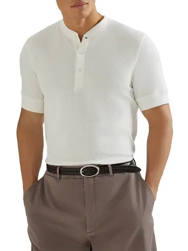 Brunello Cucinelli Men's Cotton Waffle Jersey T-Shirt with Henley Collar - Off White | Thumbnail 5 Brunello Cucinelli Men's Cotton Waffle Jersey T-Shirt with Henley Collar - Off White | Thumbnail 5