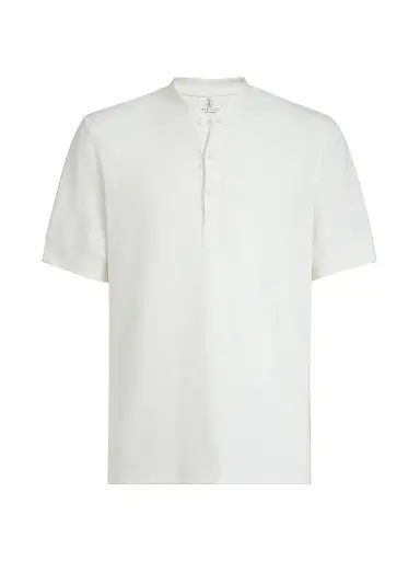 Brunello Cucinelli Men's Cotton Waffle Jersey T-Shirt with Henley Collar - Off White | Thumbnail 1 Brunello Cucinelli Men's Cotton Waffle Jersey T-Shirt with Henley Collar - Off White | Thumbnail 1