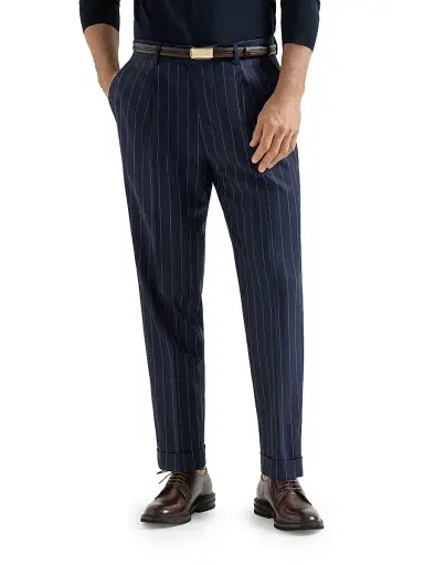 Brunello Cucinelli Men's Super 150s Virgin Wool Wide Chalk Stripe Batavia Trousers with Pleats | Thumbnail 2 Brunello Cucinelli Men's Super 150s Virgin Wool Wide Chalk Stripe Batavia Trousers with Pleats | Thumbnail 2