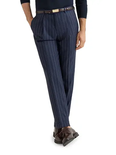Brunello Cucinelli Men's Super 150s Virgin Wool Wide Chalk Stripe Batavia Trousers with Pleats | Thumbnail 3 Brunello Cucinelli Men's Super 150s Virgin Wool Wide Chalk Stripe Batavia Trousers with Pleats | Thumbnail 3