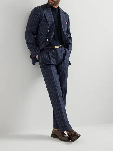 Brunello Cucinelli Men's Super 150s Virgin Wool Wide Chalk Stripe Batavia Trousers with Pleats | Thumbnail 6 Brunello Cucinelli Men's Super 150s Virgin Wool Wide Chalk Stripe Batavia Trousers with Pleats | Thumbnail 6