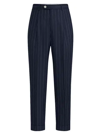 Brunello Cucinelli Men's Super 150s Virgin Wool Wide Chalk Stripe Batavia Trousers with Pleats | Thumbnail 1 Brunello Cucinelli Men's Super 150s Virgin Wool Wide Chalk Stripe Batavia Trousers with Pleats | Thumbnail 1
