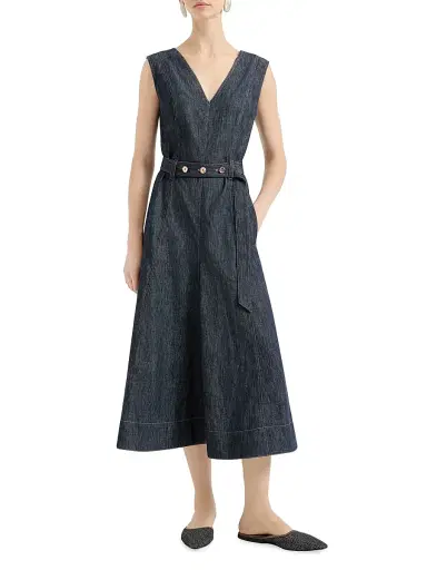 Brunello Cucinelli Women's Cotton Denim Effect Twill Flared Dress with Belt and Monili - Denim - Size XXXL | Thumbnail 2 Brunello Cucinelli Women's Cotton Denim Effect Twill Flared Dress with Belt and Monili - Denim - Size XXXL | Thumbnail 2