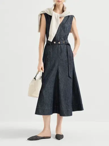 Brunello Cucinelli Women's Cotton Denim Effect Twill Flared Dress with Belt and Monili - Denim - Size XXXL | Thumbnail 6 Brunello Cucinelli Women's Cotton Denim Effect Twill Flared Dress with Belt and Monili - Denim - Size XXXL | Thumbnail 6