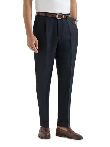 Brunello Cucinelli Men's Garment Dyed Trousers in Linen Gabardine with Pleats | Thumbnail 2 Brunello Cucinelli Men's Garment Dyed Trousers in Linen Gabardine with Pleats | Thumbnail 2