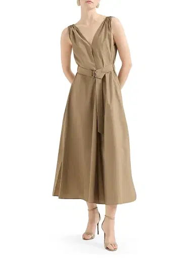Brunello Cucinelli Women's Techno Cotton Poplin Belted Dress with Precious Shoulder Detail - Sand | Thumbnail 2 Brunello Cucinelli Women's Techno Cotton Poplin Belted Dress with Precious Shoulder Detail - Sand | Thumbnail 2