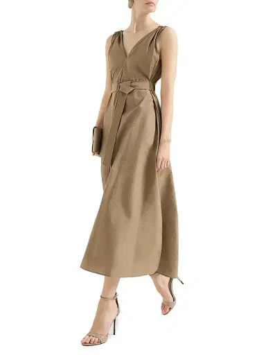 Brunello Cucinelli Women's Techno Cotton Poplin Belted Dress with Precious Shoulder Detail - Sand | Thumbnail 3 Brunello Cucinelli Women's Techno Cotton Poplin Belted Dress with Precious Shoulder Detail - Sand | Thumbnail 3