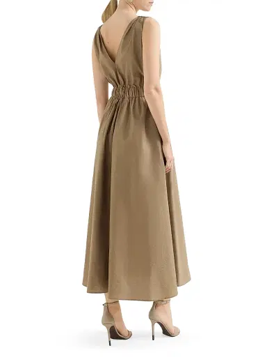 Brunello Cucinelli Women's Techno Cotton Poplin Belted Dress with Precious Shoulder Detail - Sand | Thumbnail 4 Brunello Cucinelli Women's Techno Cotton Poplin Belted Dress with Precious Shoulder Detail - Sand | Thumbnail 4