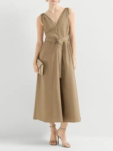 Brunello Cucinelli Women's Techno Cotton Poplin Belted Dress with Precious Shoulder Detail - Sand | Thumbnail 6 Brunello Cucinelli Women's Techno Cotton Poplin Belted Dress with Precious Shoulder Detail - Sand | Thumbnail 6