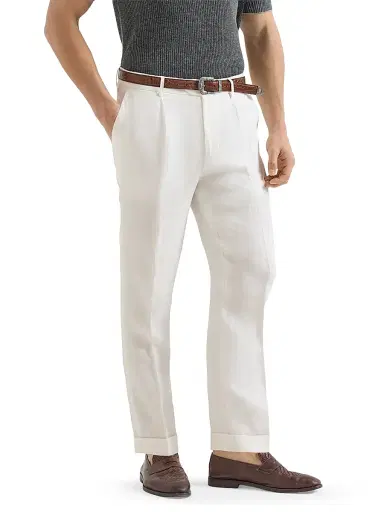 Brunello Cucinelli Men's Garment Dyed Trousers in Linen Gabardine with Pleats | Thumbnail 2 Brunello Cucinelli Men's Garment Dyed Trousers in Linen Gabardine with Pleats | Thumbnail 2