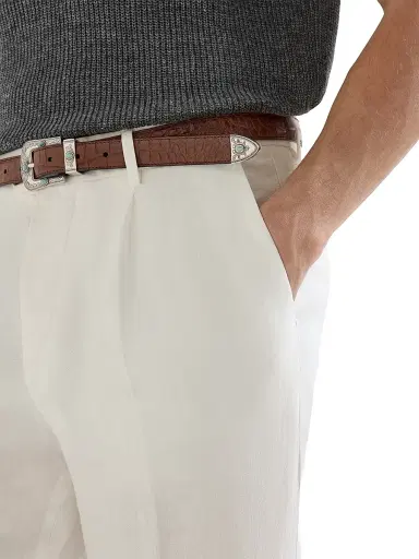 Brunello Cucinelli Men's Garment Dyed Trousers in Linen Gabardine with Pleats | Thumbnail 4 Brunello Cucinelli Men's Garment Dyed Trousers in Linen Gabardine with Pleats | Thumbnail 4