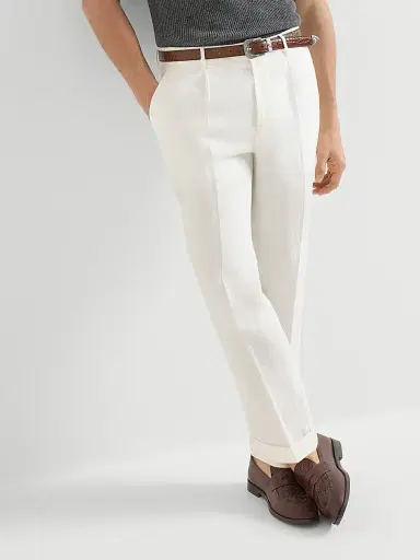Brunello Cucinelli Men's Garment Dyed Trousers in Linen Gabardine with Pleats | Thumbnail 5 Brunello Cucinelli Men's Garment Dyed Trousers in Linen Gabardine with Pleats | Thumbnail 5