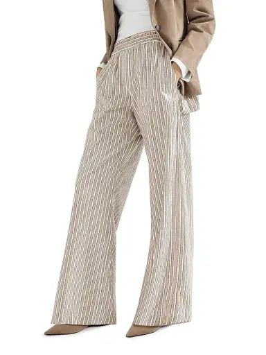 Brunello Cucinelli Women's Dazzling Stripes Pajama Style Trousers in Cotton Poplin - Beige | Thumbnail 3 Brunello Cucinelli Women's Dazzling Stripes Pajama Style Trousers in Cotton Poplin - Beige | Thumbnail 3
